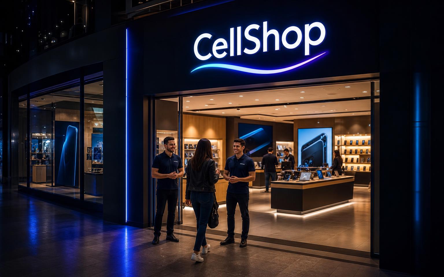 Fachada da loja Cellshop com equipe recebendo clientes