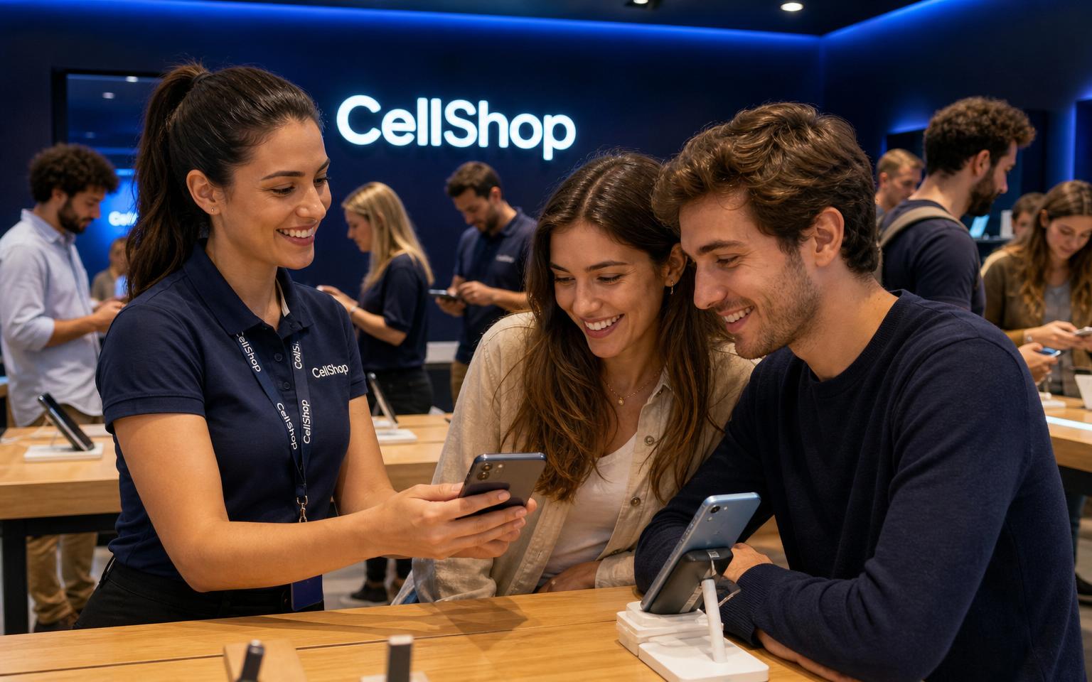 Consultora Cellshop mostrando um celular para um casal na loja