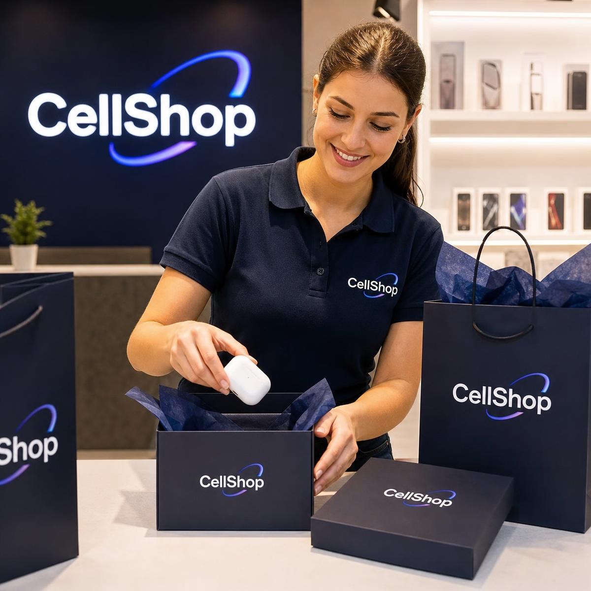 Colaboradora Cellshop embalando um pedido em caixa e sacola da marca